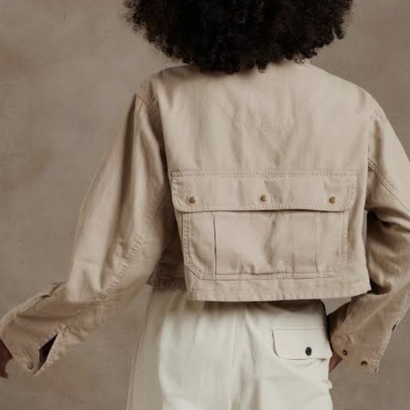 Banana Republic Cropped Utility Jacket Dark Khaki Color Sz Small Cotton & Linen - Picture 3 of 11